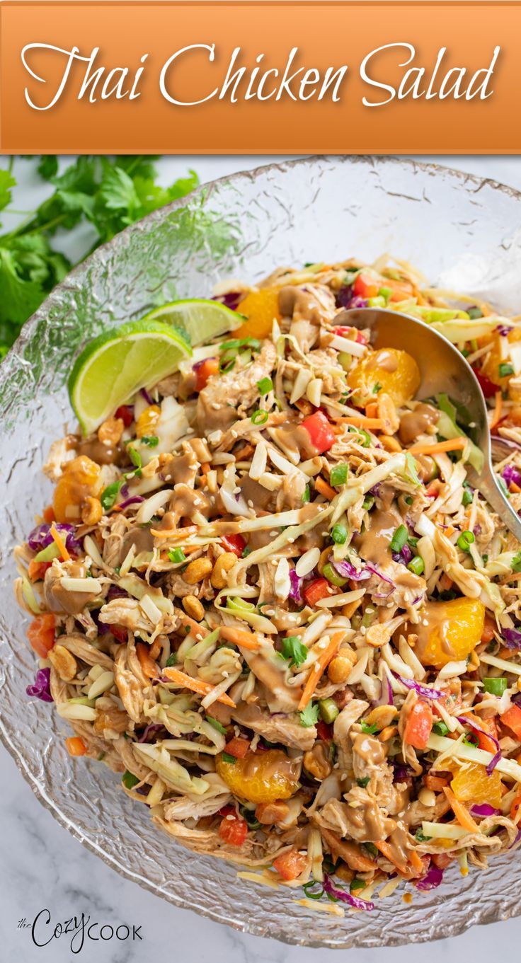 Thai Chicken salad with shredded chicken, peanuts, cabbage, and more. Thai Chicken Salad Wraps, Chopped Thai Chicken Salad, Healthy Thai Chicken Salad, Spicy Thai Chicken Salad, Thai Peanut Slaw, Chicken Dinner Salad Recipe, Salad Base Ideas, Salad For Chicken Side, Cabbage Salad With Chicken