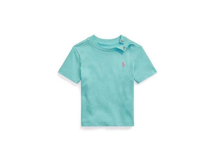 Polo Ralph Lauren Kids Cotton Jersey Crew Neck Tee (Infant) - Boy's Clothing : French Turquoise : ; Crafted from soft cotton, the Polo Ralph Lauren Kids Cotton Jersey Crew Neck Tee features a classic rounded neckline, short sleeves, iconic Polo stitch logo design on corner chest front, and a straight hemline. 100% cotton. Machine wash, tumble dry. Imported. Measurements: Length: 11 in Product measurements were taken using size 3 Months. Please note that measurements may vary by size. Solid Cotton Tops With Logo Print, Solid Cotton Top With Logo Print, Stitch Logo Design, Fitted Ralph Lauren Cotton T-shirt, Casual Ralph Lauren Short Sleeve T-shirt, Ralph Lauren Fitted Cotton T-shirt, Baby Polo, Stitch Logo, Sporty Ralph Lauren Crew Neck T-shirt