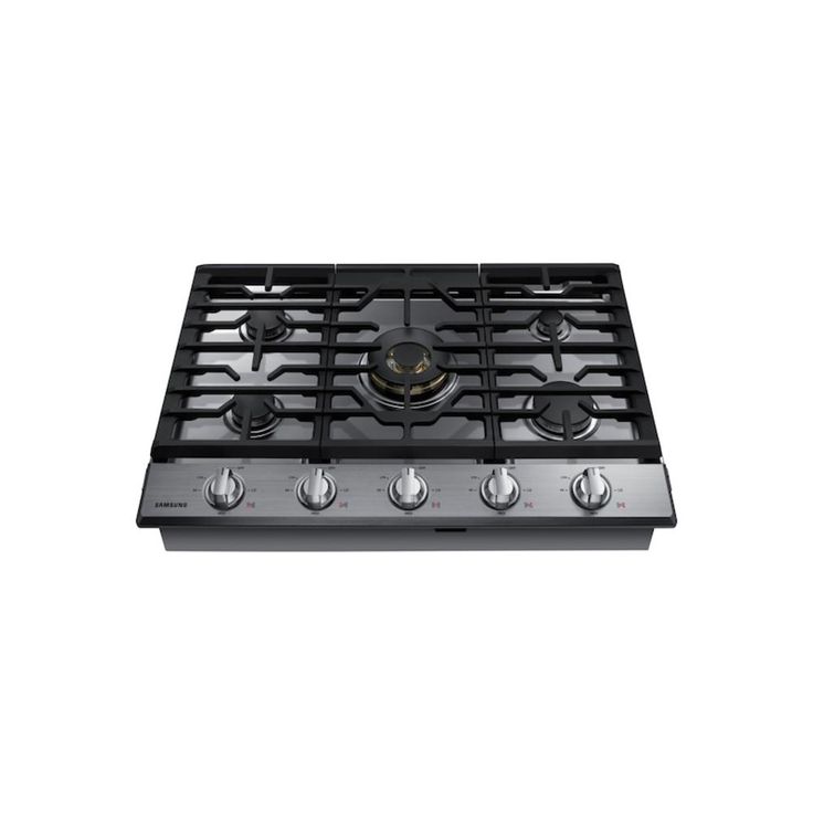 a gas stove with four burners on the front and two knobs on the side