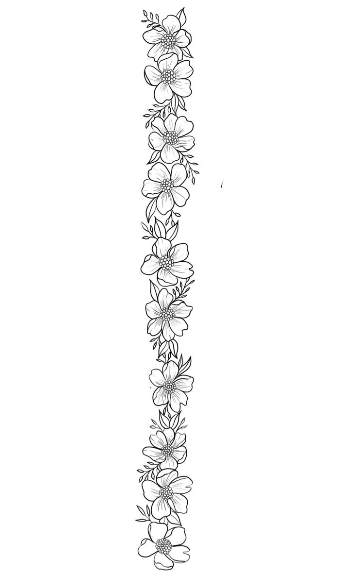 a long line drawing of flowers on a white background with the letter i in the middle