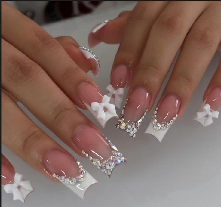 Gem Nail Designs, White Acrylic Nails, Girly Acrylic Nails, Cute Acrylic Nail Designs, Hello Kitty Nails, Short Square Acrylic Nails, Really Cute Nails, Acrylic Nails Coffin Pink, Unique Acrylic Nails