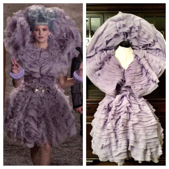 two pictures of a woman in a purple dress with ruffles on it and another photo of a mannequin