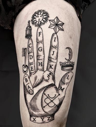 a person with a tattoo on their arm that has a hand and stars in it