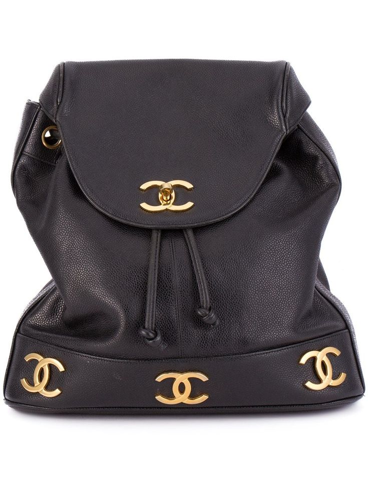 Black caviar leather logo plaque classic backpack from Chanel Pre-Owned featuring a textured leather detail, gold-tone hardware, a back slip pocket, a gold-tone logo plaque, adjustable shoulder straps, foldover top with twist-lock closure, a drawstring fastening and a main internal compartment. Please note that pre-owned items are not new and therefore might have minor imperfections. Chic Travel Bag With Gold-tone Logo Plaque, Luxury Bags With Gold-tone Logo Plaque For Everyday, Classic Gold Bags With Logo Plaque, Luxury Backpack With Logo Hardware For Everyday Use, Luxury Backpack For Everyday Use With Logo Hardware, Classic Leather Backpack With Gold-tone Hardware, Gold Travel Bags With Logo Hardware, Classic Black Backpack With Gold-tone Hardware, Luxury Leather Backpack With Gold-tone Hardware For Travel