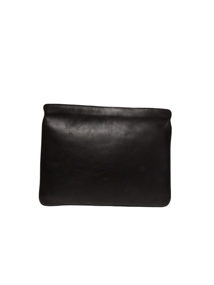 A.F. Vandevorst black leather clutch bag is zippered with a silver open outer pocket. Designer Rectangular Pouch For Everyday Use, Designer Black Pouch For Everyday, Black Leather Rectangular Coin Purse, Leather Evening Coin Purse Pouch, Evening Leather Pouch Coin Purse, Business Leather Clutch With Magnetic Closure, Leather Clutch With Magnetic Closure For Daily Use, Daily Use Leather Clutch With Magnetic Closure, Black Rectangular Pouch For Business