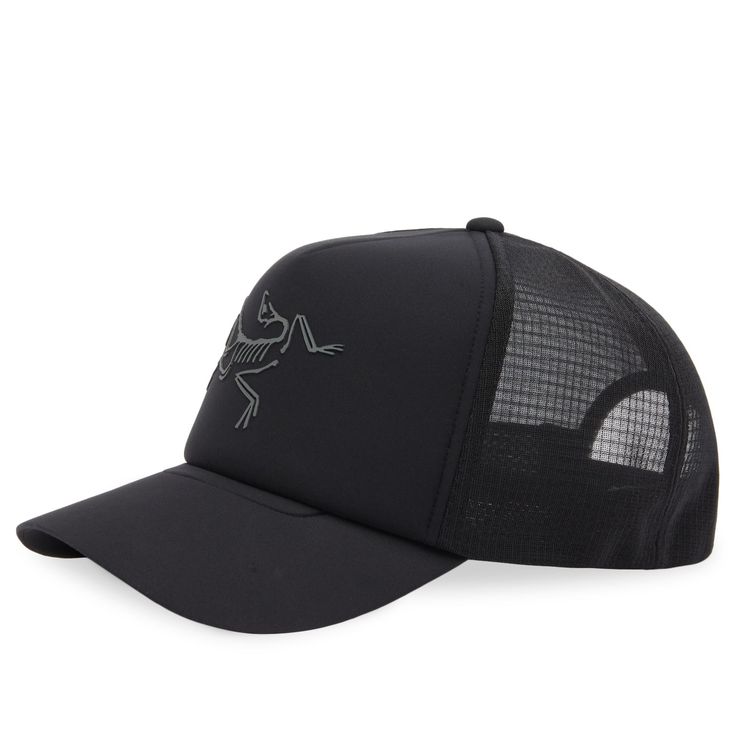 a black trucker hat with an embroidered lizard on the front