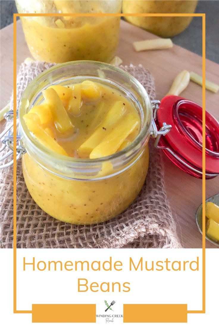 A canning jar with a red lid filled with homemade mustard bean pickles, with jars of yellow mustard beans in the background. Yellow Beans Recipe, Mustard Pickle Recipe, Make Mustard, Yellow Beans, Canning Jam Recipes, Homemade Mustard, Easy Canning, Canning Vegetables, Mustard Pickles