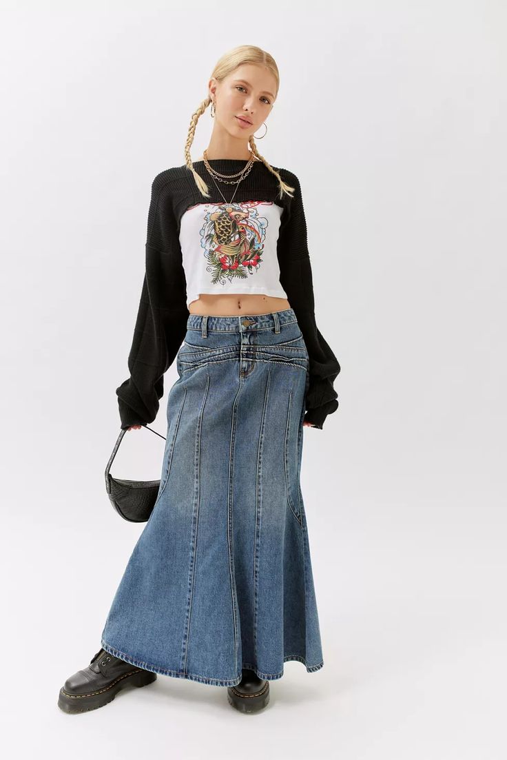 BDG Kendall Denim Maxi Skirt | Urban Outfitters Maxi Jean Skirt Outfits Y2k, Maxi Jean Skirt Outfits, Long Jean Skirt Outfits, Fringe Skirt Outfit, Denim Maxi Skirt Outfit, Long Jeans Skirt, Jean Skirt Outfits, Flare Maxi Skirt, Long Jean Skirt