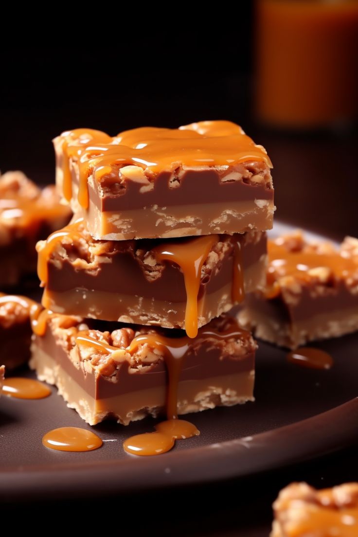 pieces of chocolate caramel candy on a plate with caramel sauce drizzled over them