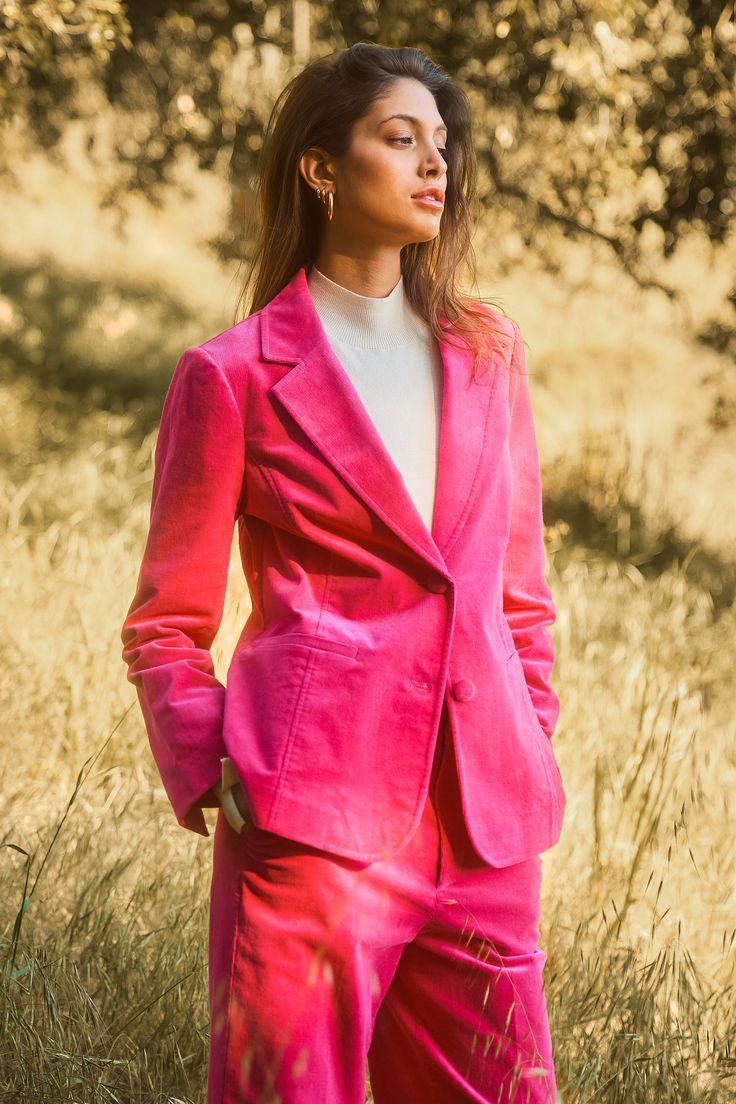 Between the bright-pink shade and the velvety-soft texture, this fine-wale corduroy blazer offers a fun take on tailored style. The details are timeless—notched lapels, welt pockets, and covered buttons, plus a vented back hem to ease the fit. Pair it with our matching wide-leg pants for a bold statement. •Notched lapels •Long sleeves •Welt pockets •Vented back hem Item Number: 23565 Classic Pink Winter Blazer, Pink Single Breasted Blazer With Notch Lapel, Pink Single-breasted Blazer With Notch Lapel, Pink Single Button Lapel Collar Blazer, Tailored Pink Fall Blazer, Tailored Pink Blazer For Fall, Tailored Pink Single Button Blazer, Pink Tailored Blazer For Fall, Pink Fitted Blazer With Lapel Collar