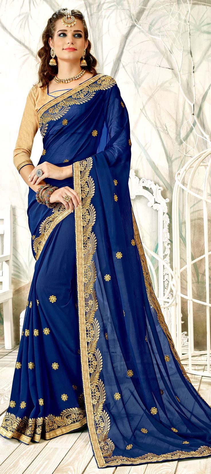 Faux Chiffon Party Wear Saree in Blue with Zari work Party Wear Sarees Online, Floral Print Sarees, Indian Designer Sarees, Indian Party Wear, Latest Designer Sarees, Wedding Saree Indian, Designer Sarees Online, Blue Saree, Wear Saree