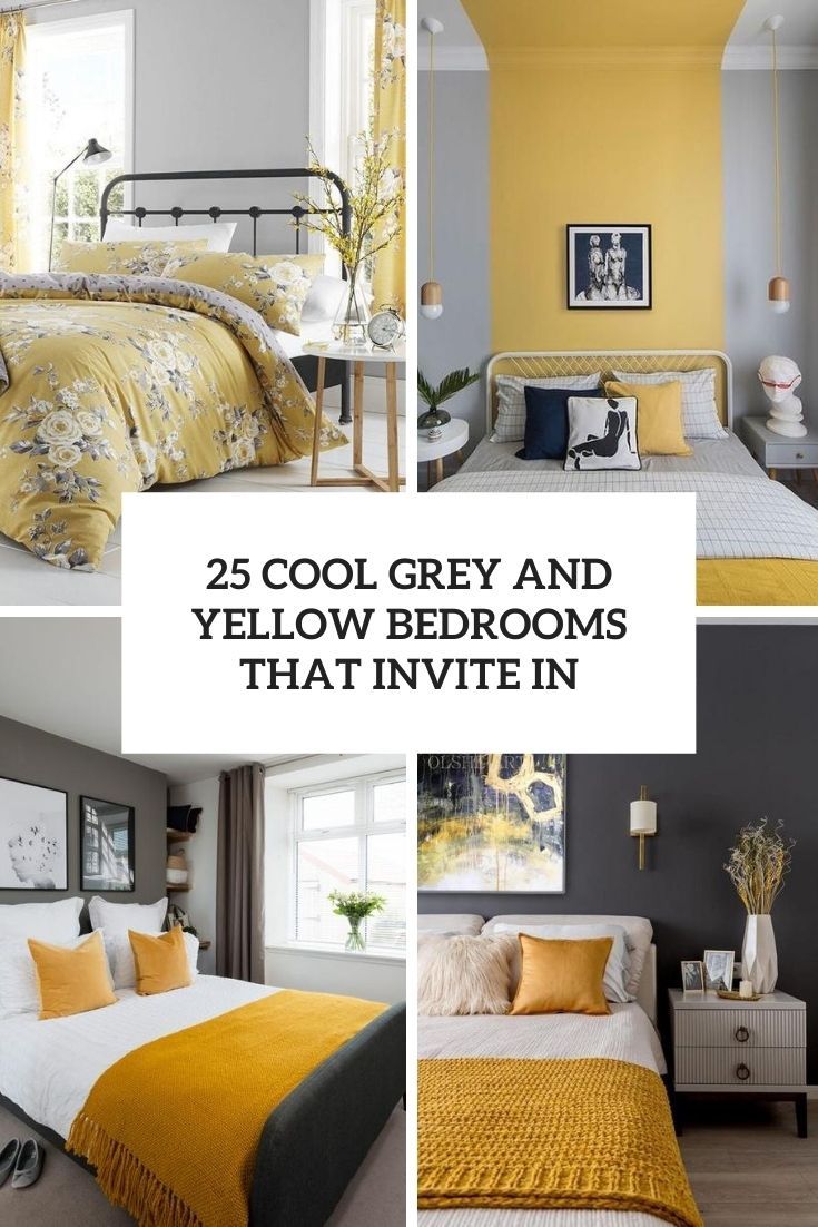 yellow and gray bedroom with white bedding