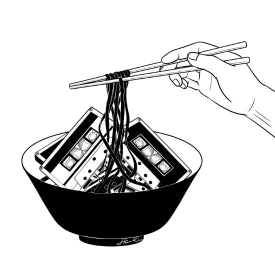 two hands holding chopsticks over a bowl of noodles with cell phones in it