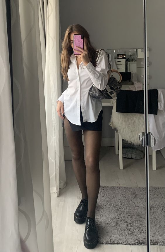 Black Mini Shirt Outfit, White Shirt And Mini Skirt Outfit, Black Shirt Skirt Outfit, Blouse And Mini Skirt Outfit, White Shirt Outfit With Skirt, White T Shirt Black Skirt, Sheer Tights Outfit Summer, Sheer White Shirt Outfit, Black Mini Skirt Autumn Outfit