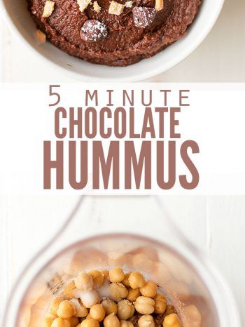 chocolate hummus in a blender with nuts on top and the words, 5 minute chocolate hummus