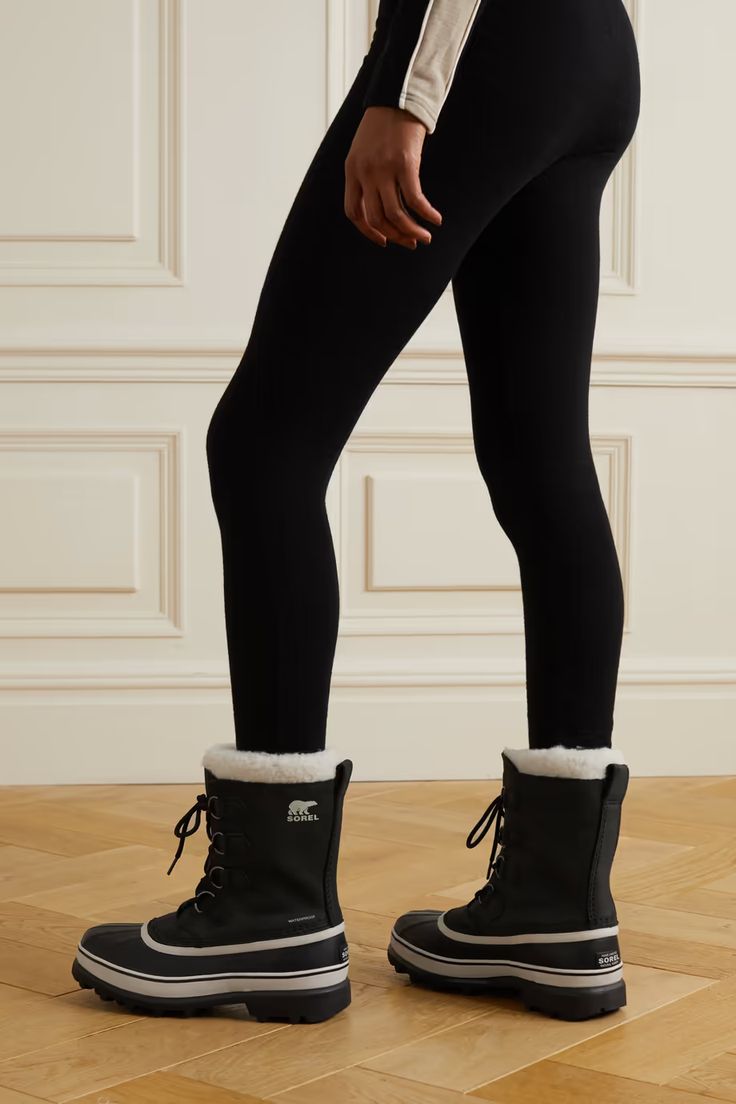 Black Caribou waterproof nubuck and rubber boots | SOREL | NET-A-PORTER Sorel Boots Outfit, Ski Trip Outfits, Snow Boots Outfit, Sorel Caribou Boots, Ski Trip Outfit, Canada Winter, Sorel Caribou, Winter Outfits Style, Leather Snow Boots