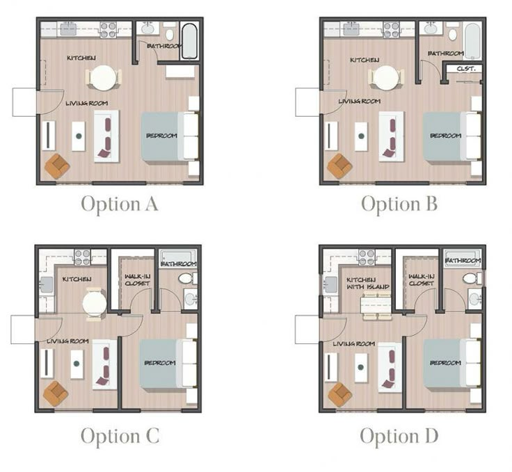 three different floor plans for a small apartment