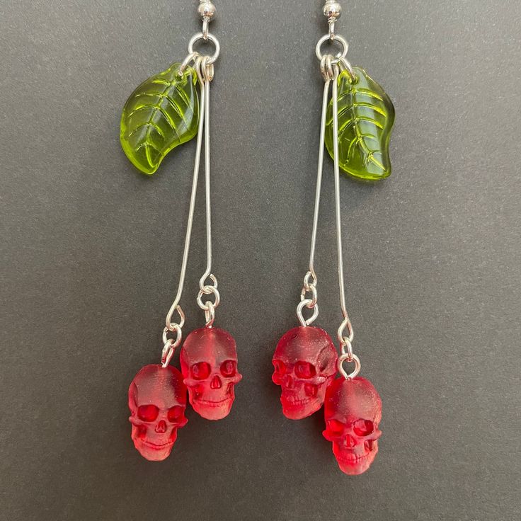 Small Cherry Skull Earrings W/long Stems Several Colors - Etsy Skull Cherry Earrings, Skull Jewelry Diy, Cute Stuff To Buy Accessories, Cool Etsy Finds, Cute Etsy Finds, Weirdcore Jewelry, Cool Earrings Aesthetic, Unique Earrings Weird, Weird Earrings Aesthetic