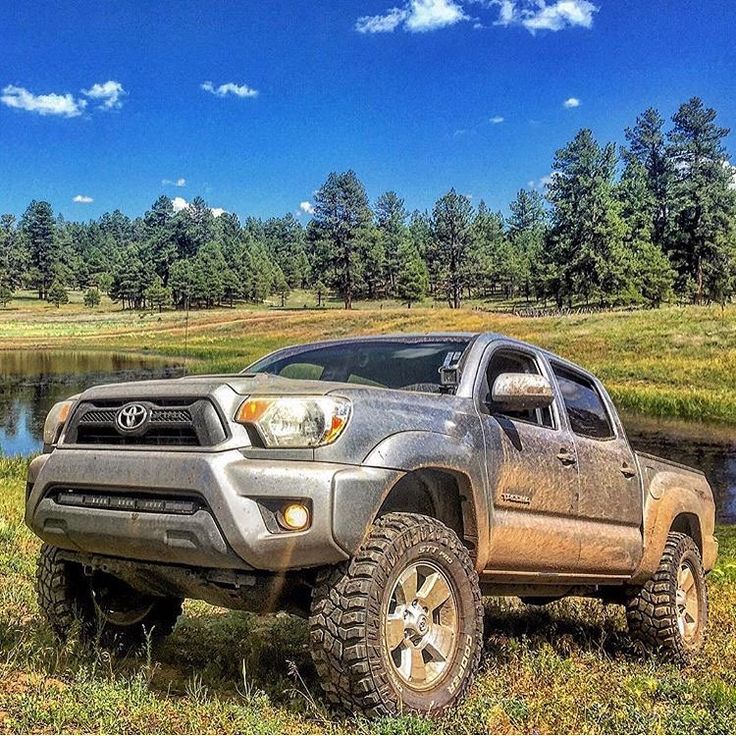 a truck parked in the grass next to a body of water with trees in the background