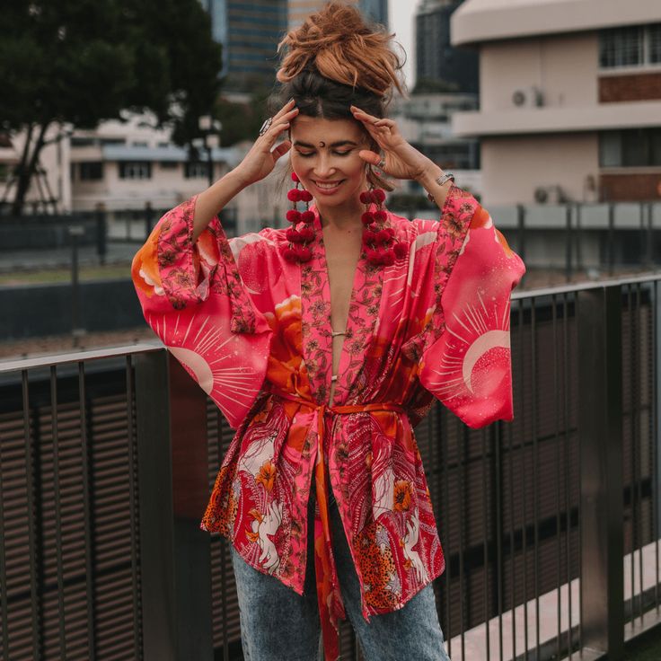 Product Details: Beautiful floral and moon print Open front Long kimono sleeves Matching sash tie at waist Loose fit Soft, lightweight fabric Material: Cotton, Rayon Light Blue Shoes, Pink Kimono, Kimono Outfit, Mode Kimono, Kimono Sleeves, Moon Print, Long Kimono, Kimono Sleeve, Plus Dresses