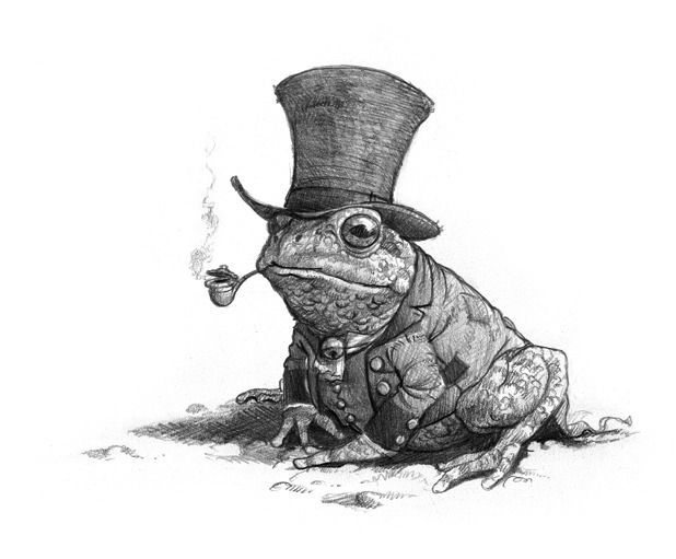 a drawing of a frog with a top hat and pipe in it's mouth