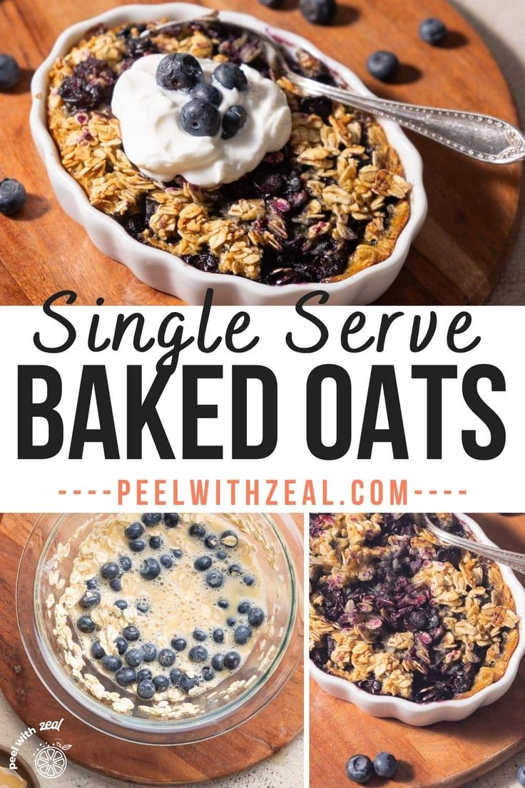 blueberry baked oats with yogurt in a bowl and on a cutting board