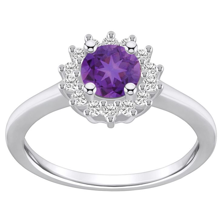 Featuring a round-cut amethyst center stone wrapped in a crown of scintillating diamonds, this 14k white gold Alyson Layne ring accents your look beautifully. Featuring a round-cut amethyst center stone wrapped in a crown of scintillating diamonds, this 14k white gold Alyson Layne ring accents your look beautifully.  Metal: 14k white gold Packaging: boxed Plating: rhodium Width: 7/16 in. Finish: polishedSTONE DETAILS Stone type: amethyst Total weight: 1 ct. Center stone weight: 3/4 ct. Center st Luxury Amethyst Ring With Center Stone, Luxury Round Amethyst Ring With Center Stone, Formal Birthstone Ring With Halo And Round Cut, Elegant Purple Birthstone Ring With Round Cut, Elegant Purple Round Cut Birthstone Ring, Classic Purple Diamond Ring With Halo Setting, Formal Amethyst Ring With Halo Setting And Cubic Zirconia, Purple Diamond Ring With Halo Setting And Round Cut, Formal Purple Birthstone Ring With Halo Setting