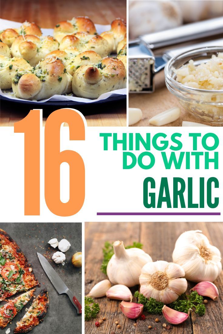 there are many things to do with garlic in this collage, including breads and vegetables