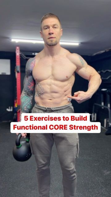 a man holding a kettle while standing in a gym with the words 5 exercises to build functional core strength