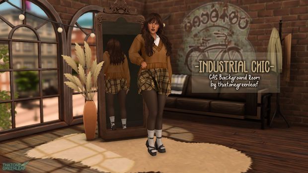 an animated image of a woman standing in front of a brick wall with the words industrial chic on it