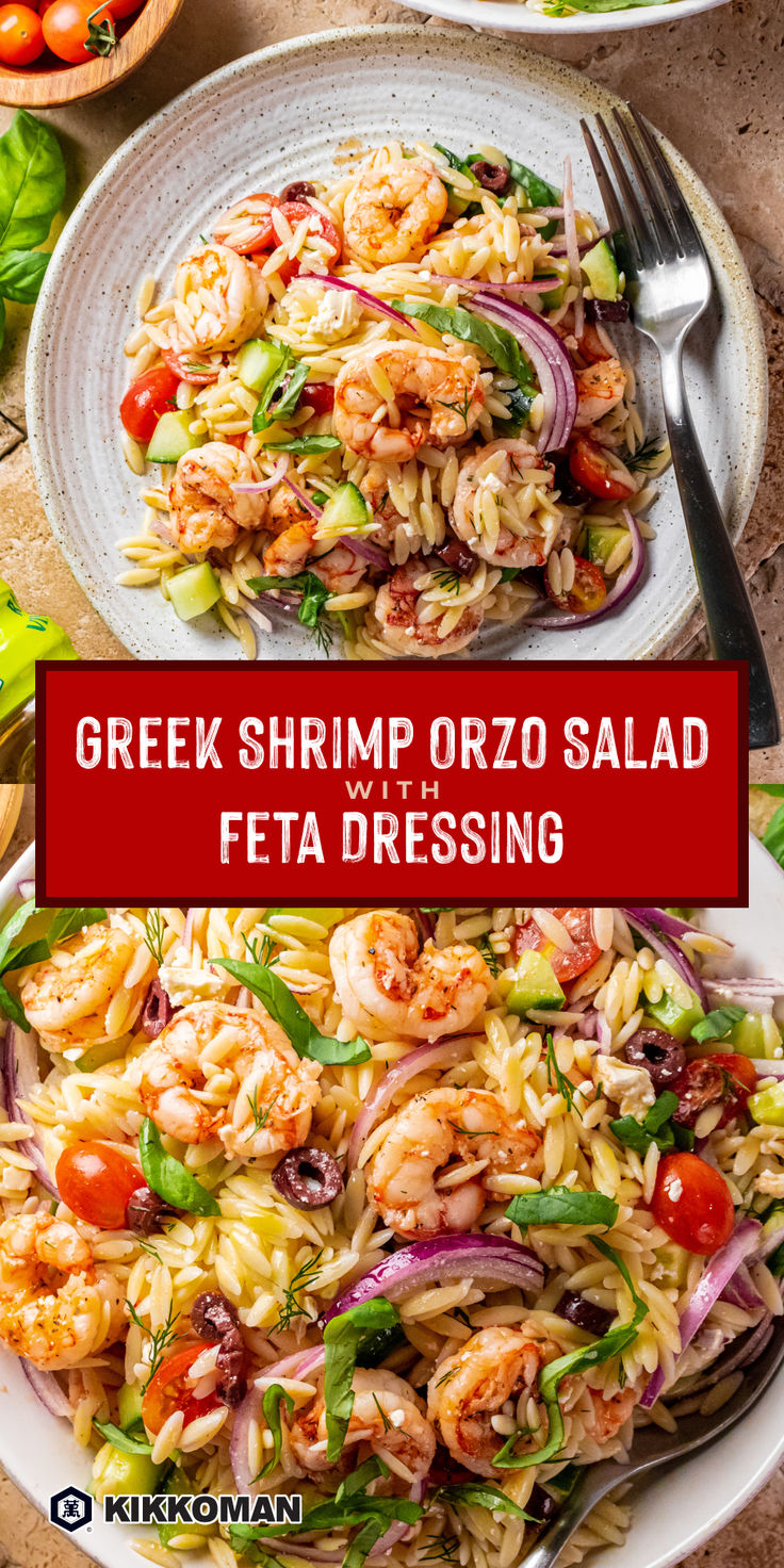 greek shrimp orzo salad with feta dressing on a white plate and red text overlay