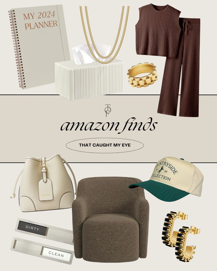 an assortment of items that can be found in the amazon finds catalog, including a hat, bracelets, and other accessories