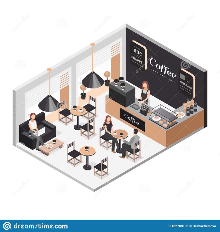 a coffee shop with people sitting at the tables and working on their laptops royalty illustration