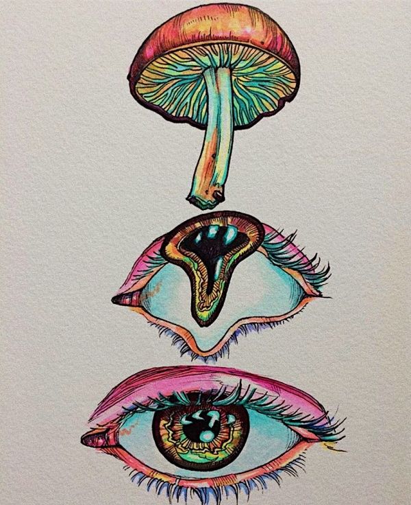 three different colored eyes with mushrooms on them