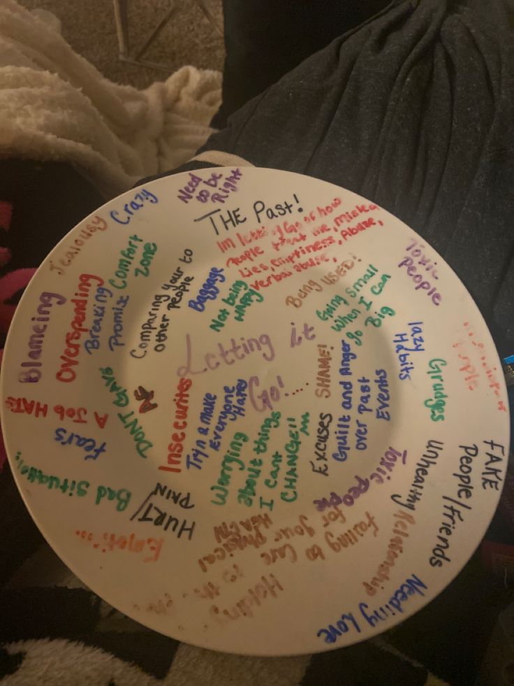 a paper plate with writing on it in the middle of someone's lap,