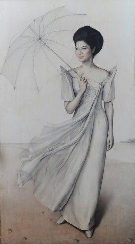 a drawing of a woman in a white dress holding an umbrella and walking on the beach