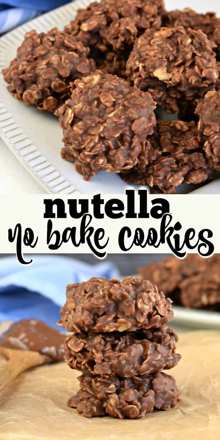 chocolate nutella no bake cookies are stacked on top of each other and ready to be eaten