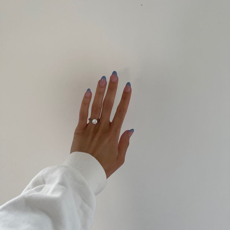 Blue french nail inspo Dusty Blue French Tips, Dusty Blue Almond Nails, Dusty Blue French Tip Nails, Dusty Blue Nail Designs, Slate Blue Nails Design, Steel Blue Nails, Slate Blue Nails, Grey French Tips, Blue French Nail