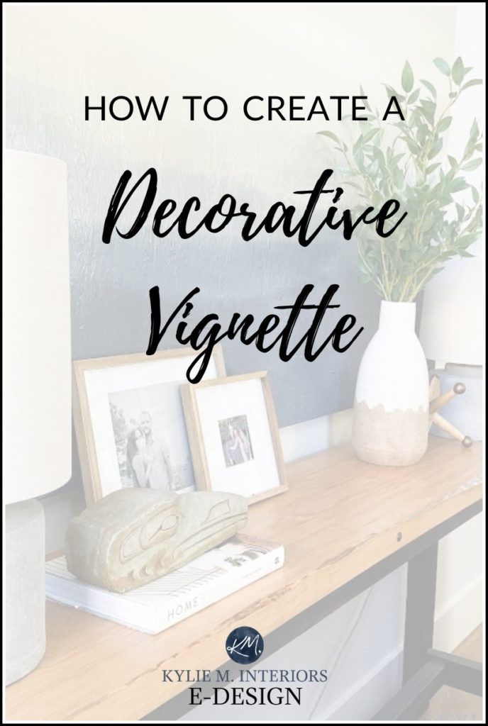 a wooden table with pictures on it and the words how to create a decorative vignette