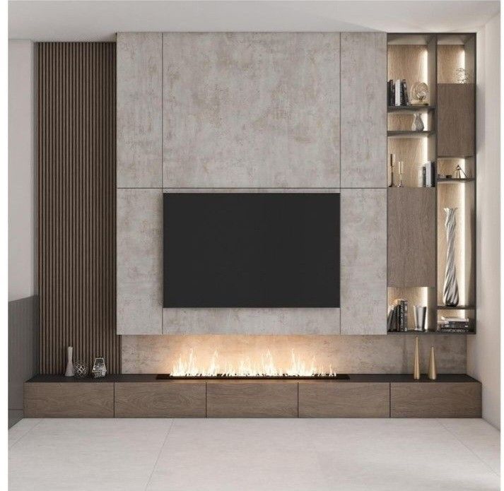 modern fireplace with built - in entertainment center