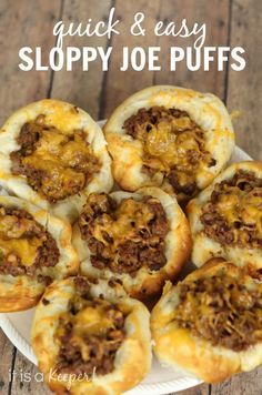 sloppy joe puffs on a white plate with text overlay