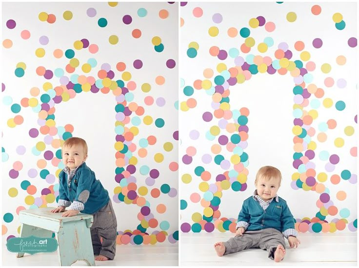 two photos of a toddler sitting on a stool in front of a colorful backdrop