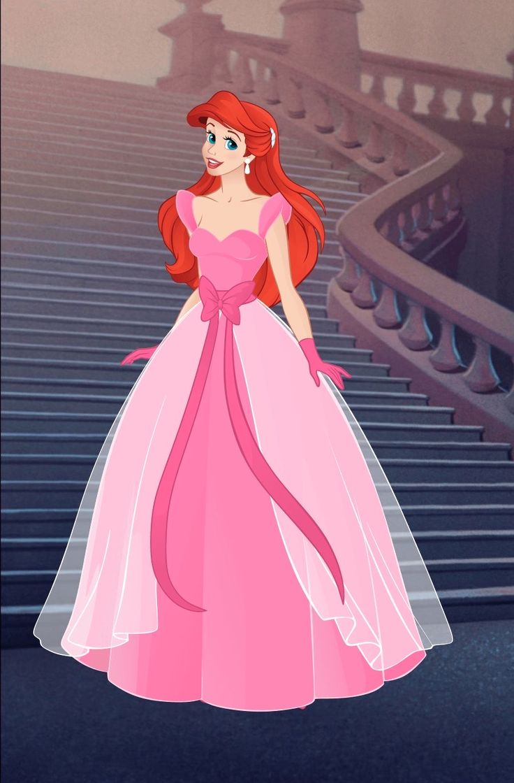 ariel from the little mermaid is standing in front of stairs with her pink dress on