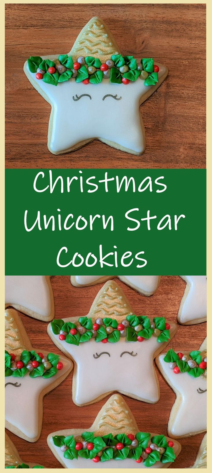 christmas unicorn star cookies on a wooden table