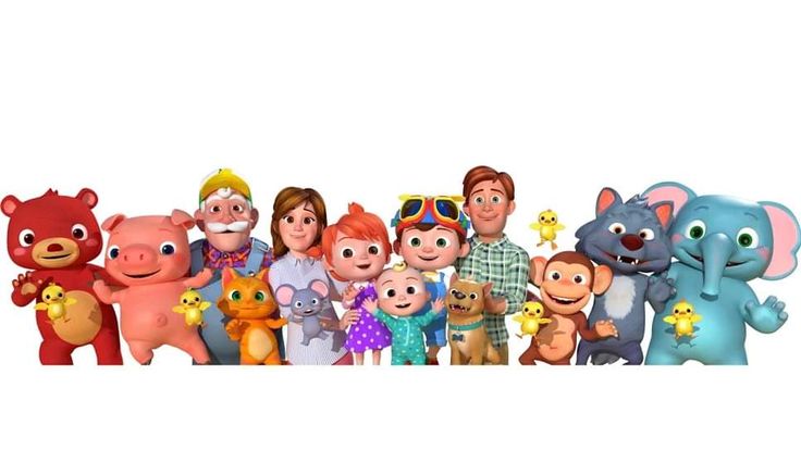 several cartoon characters are standing together in front of a white background