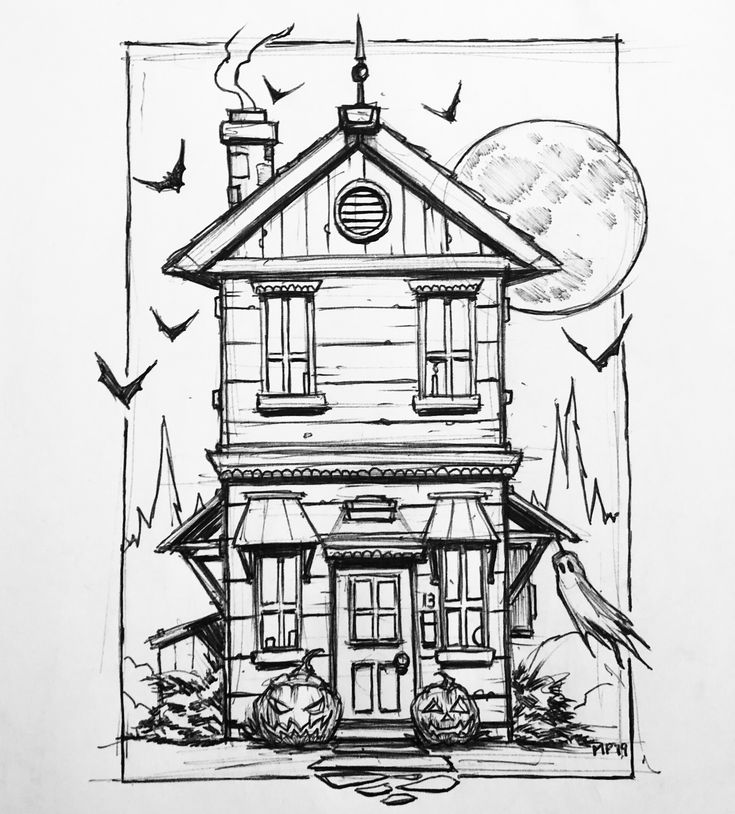 a black and white drawing of a house with bats flying around the front door, on a sheet of paper