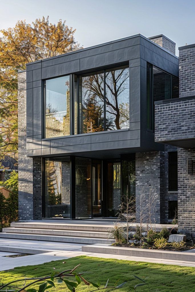 a modern house with large windows on the front and side of it, surrounded by grass