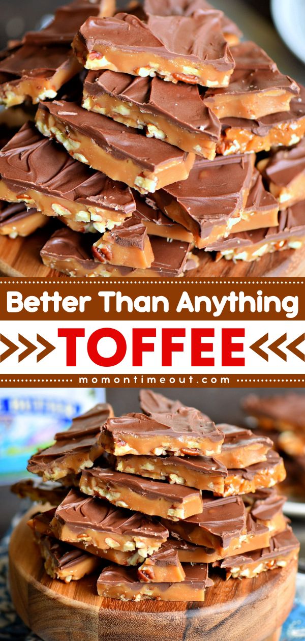 The BEST toffee recipe EVER! Along with chocolate and pecans, this better than anything toffee is a simple Christmas dessert everyone will love. This homemade candy is also an easy holiday treat to give out as gifts! Homemade Toffee Recipe, Christmas Candy Easy, Easy Christmas Candy Recipes, Easy Candy Recipes, Homemade Toffee, Sweet Milk, Toffee Recipe, Christmas Baking Recipes, Candy Recipes Homemade