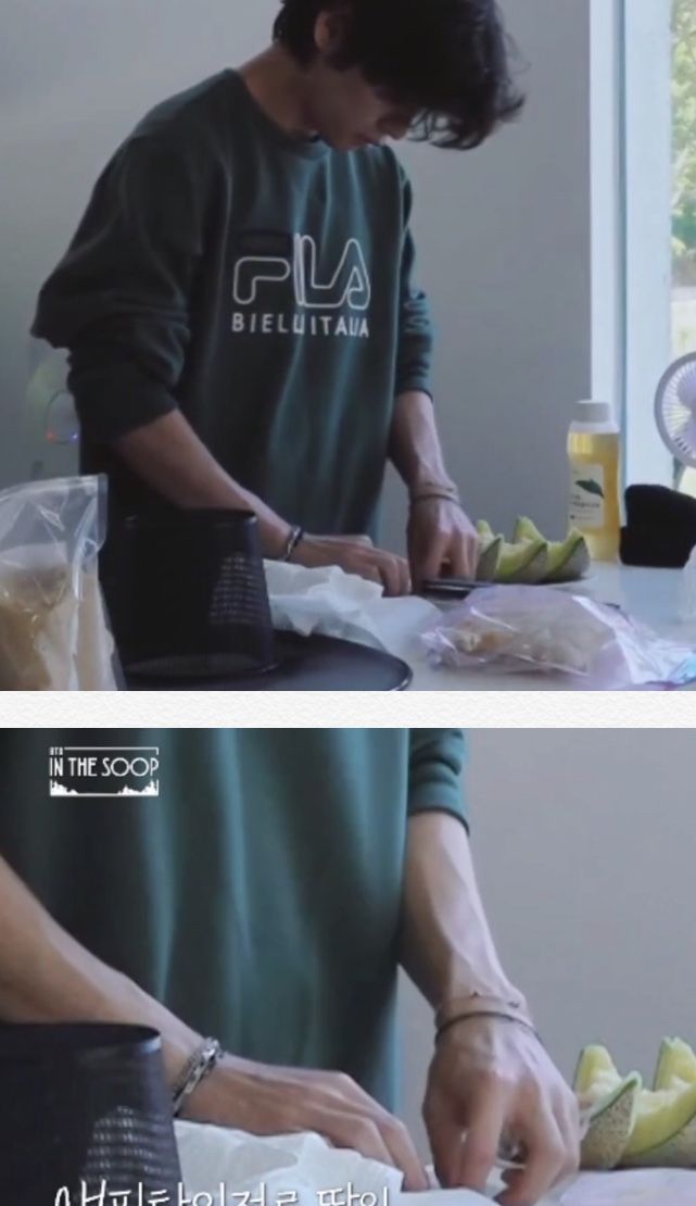 two pictures of a man cutting up food