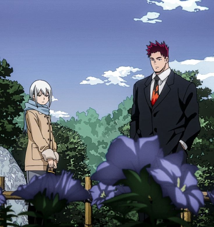 two anime characters standing in front of trees